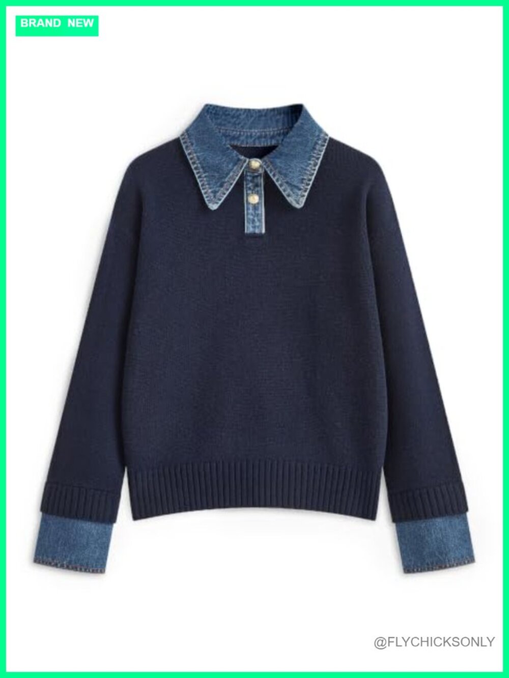 Oversized Denim Collar Polo Sweater Knit Pullover Long Sleeve